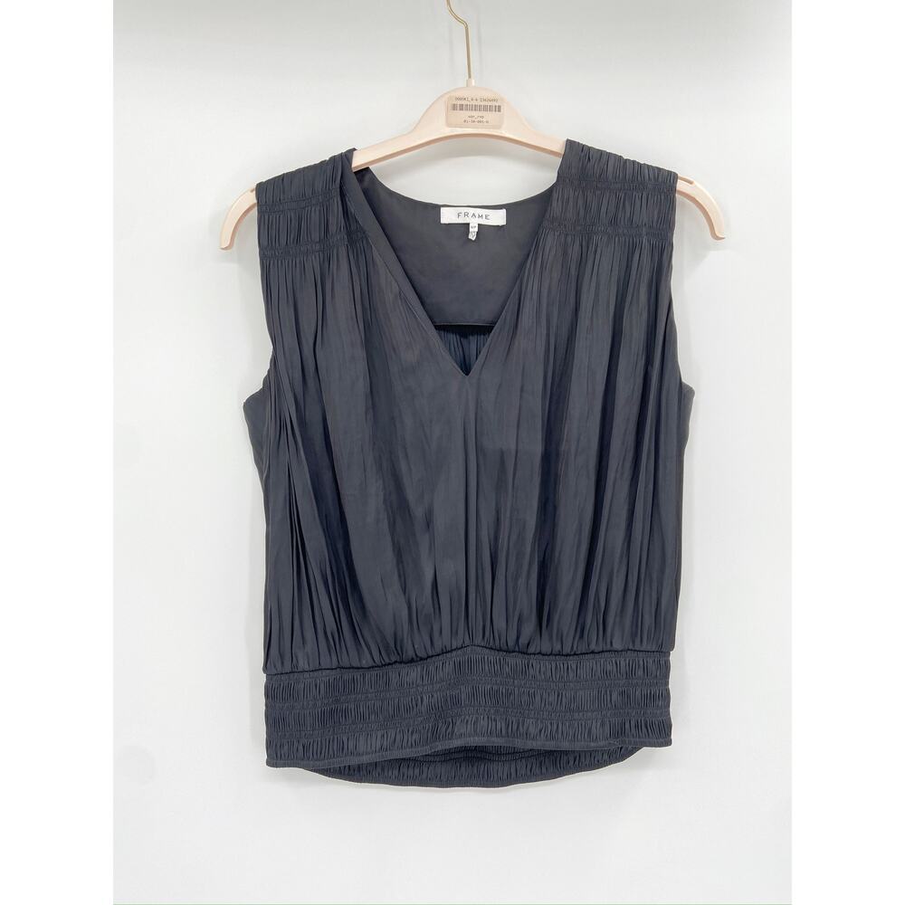 Frame Noir Black Pleated V-Neck Sleeveless Smocked Hem Top Size Small - Picture 3 of 6